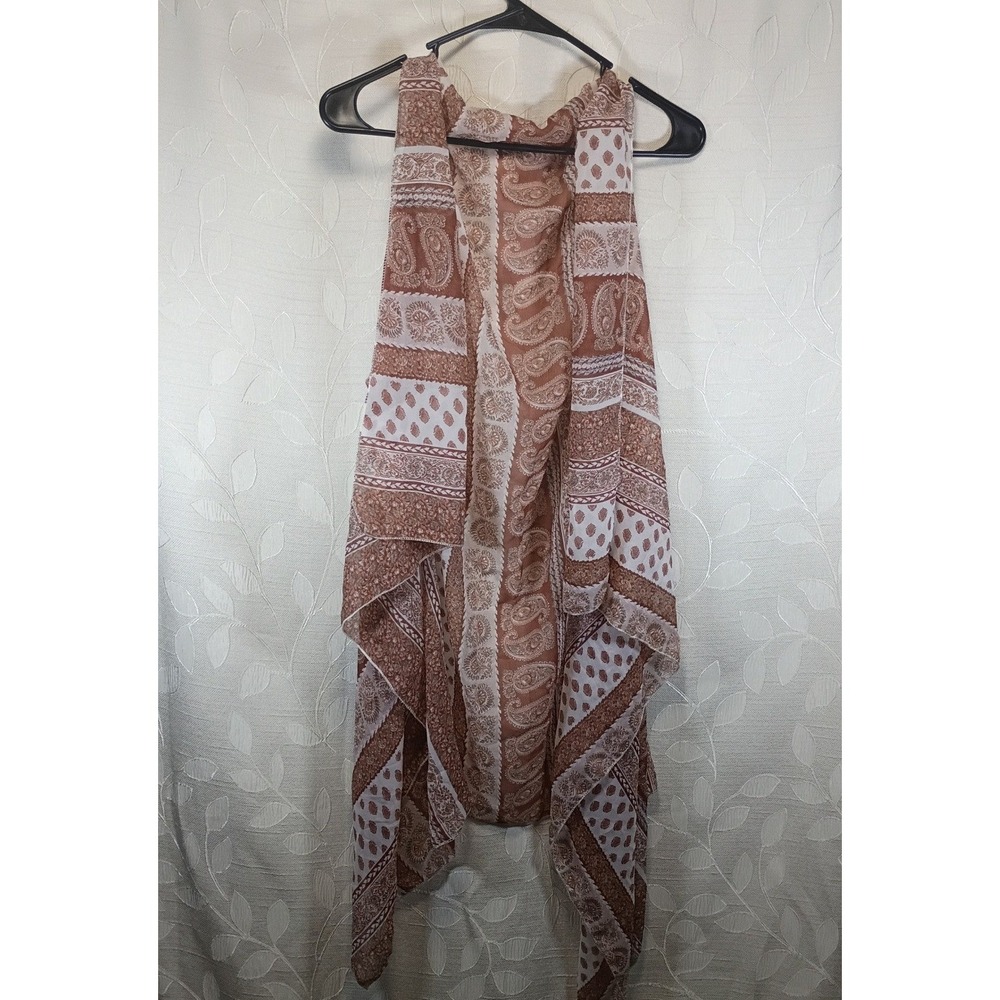 Boho Paisley Draped Open Front Vest Terracotta Tan Handkerchief Hem One Size